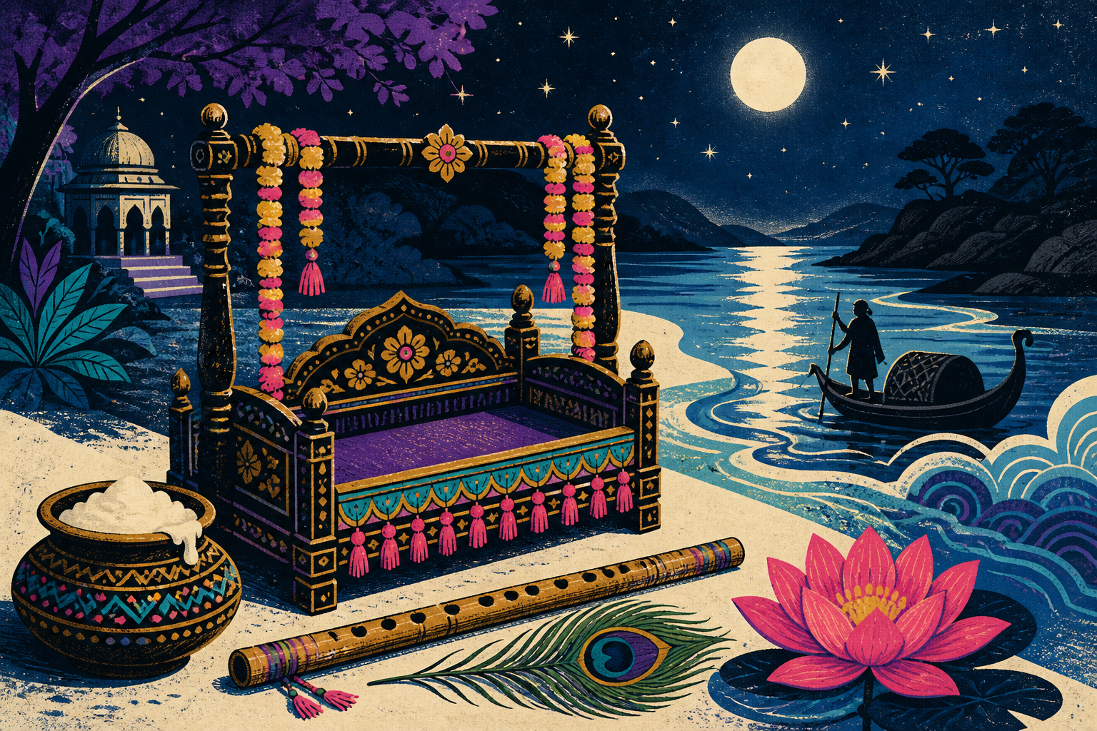 A moonlit cradle beside a flute, butter pot, peacock feather, and river