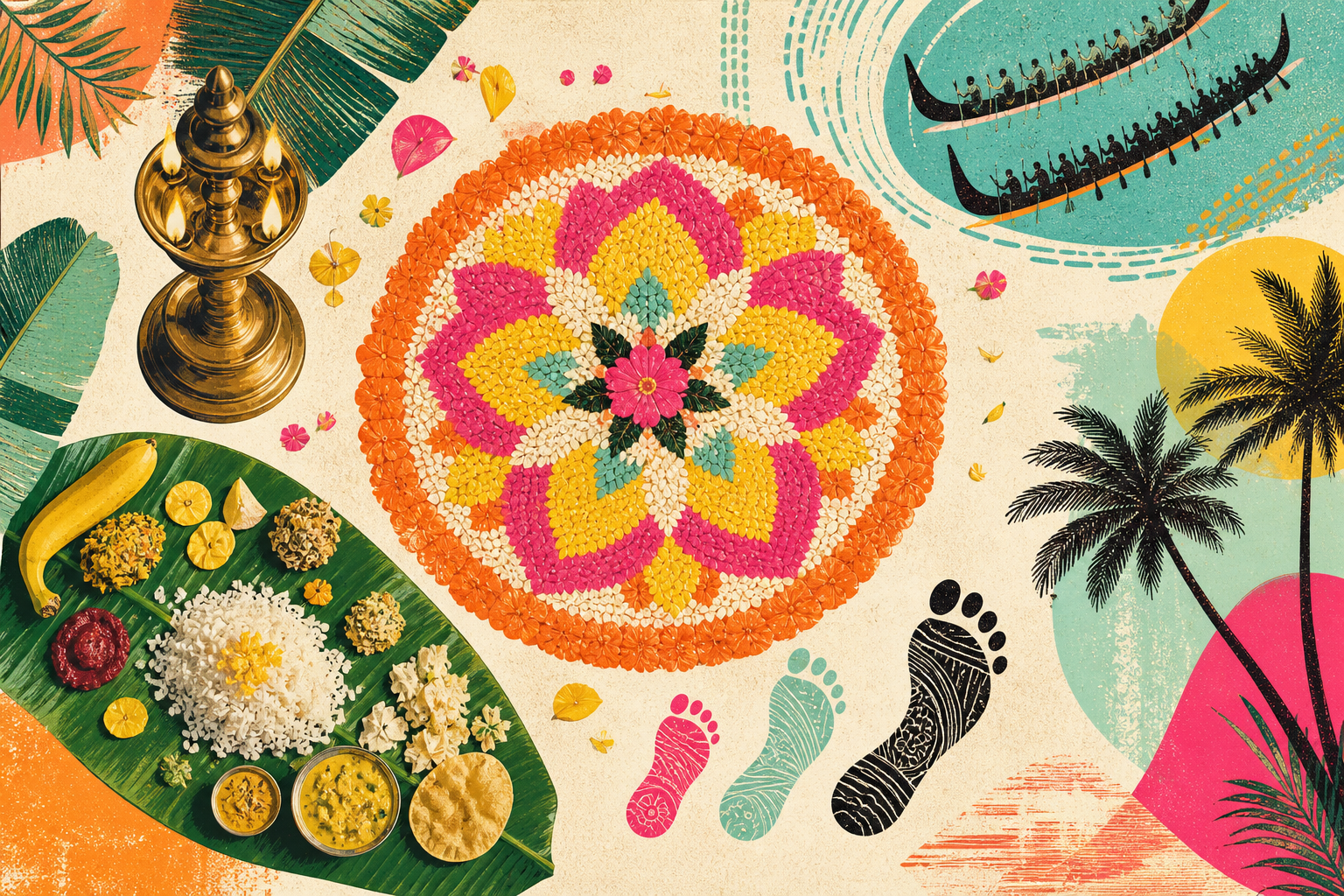 A Kerala pookkalam, harvest feast, lamp, boat race, and returning footprints